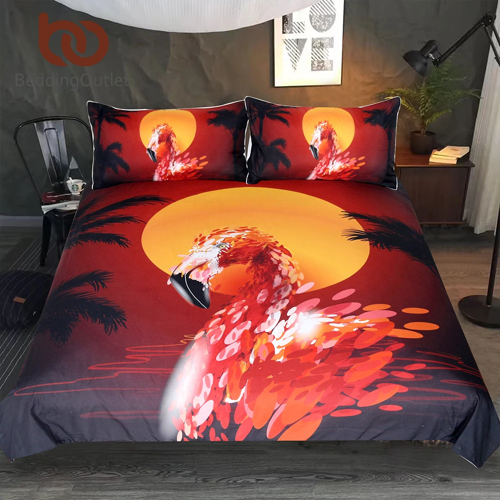 

BeddingOutlet Flamingo Bedding Set Red Orange Duvet Cover Set Animal in the Sunset Home Textiles 3-Piece Coconut Trees Bedspread