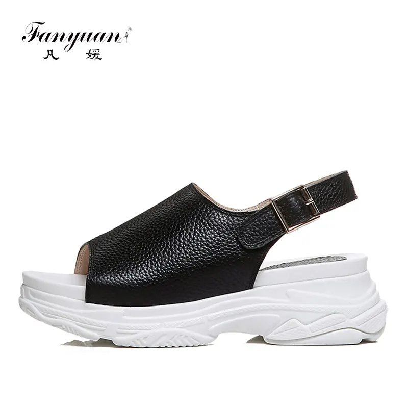 

fanyuan 2019 New Summer Elegant Women Flat Platform Sandals Genuine Cow Leather Comfortable Summer Wedges Beach Shoes Woman