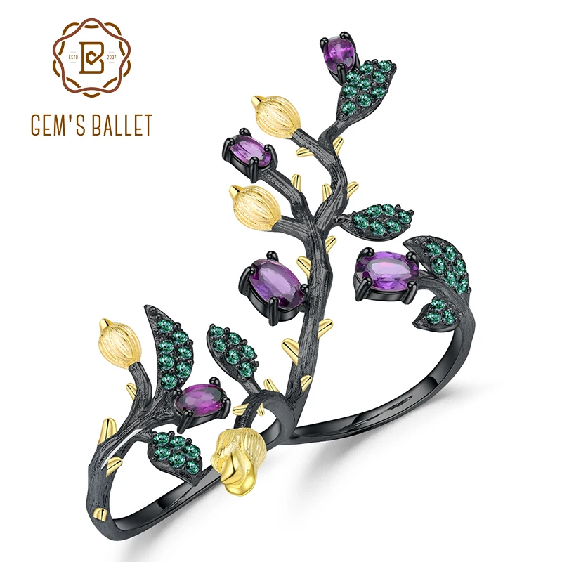 GEM'S балет 1.57Ct натуральный аметист регулируемое кольцо 925 пробы Серебряное массивное дерево двойные кольца на пальцы для женщин Bijoux