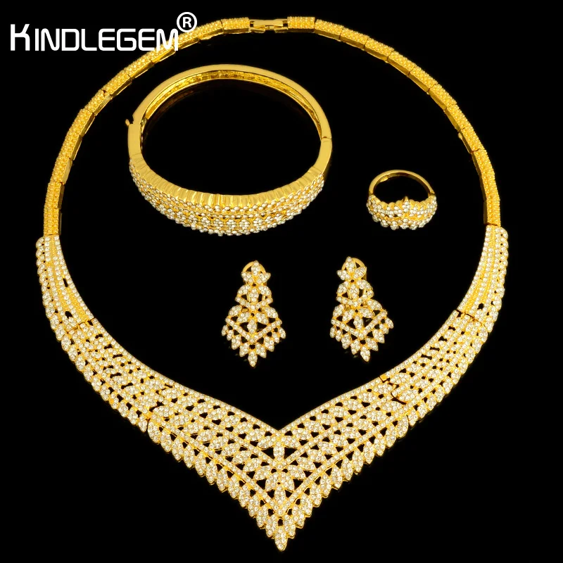 

Kindlegem Fashion Crystal Crown African Jewelry Set Gorgeous Dubai Gold Color Costume Necklace Bracelet Earrings Ring For Women