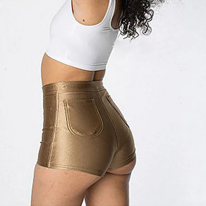 Women Mini Shorts Hot Shiny Disco Clubwear High Waist Apparel Sexy Ladies Costume Summer Short Trousers Fashion New Sale - Color: Gold