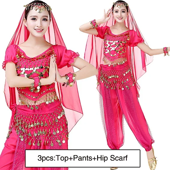 Женский праздничный костюм для выступлений, костюм для восточных танцев живота, вечерние болливудские штаны, египетская танцевальная одежда, комплект одежды, 11 цветов - Цвет: Rose Pink 3pcs