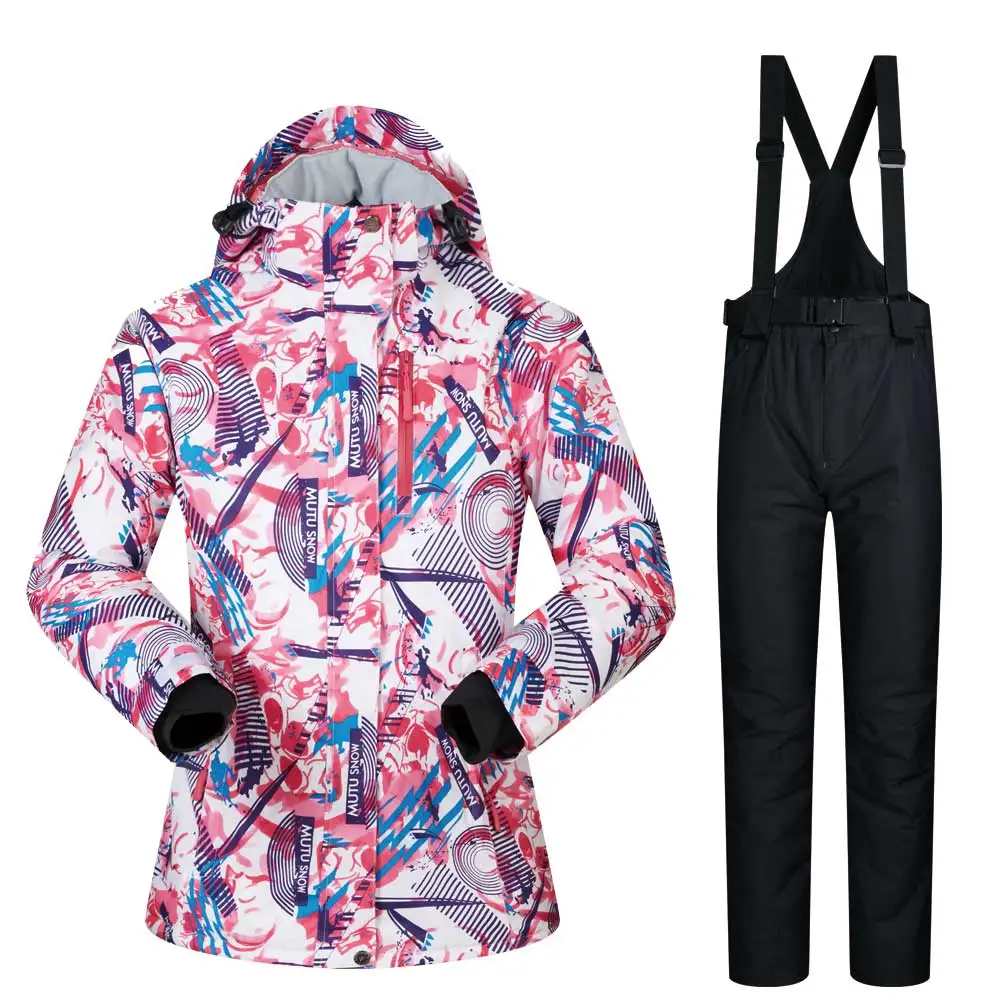 Mutusnow утолщенный теплый лыжный костюм для мужчин и женщин зимний FemaleBreat ветрозащитный водонепроницаемый лыжный Сноубординг куртка брюки костюм - Цвет: FSHY BLACK