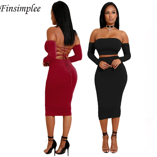 Sexy 2 Piece Sets Slash Neck Lace Up Off Shoulder Short Backless Long Sleeve Bandage Top And Skinny Pencil Skirt Women’s Sets