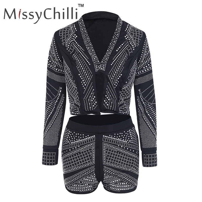 MissyChilli Rivets summer two piece sequin playsuit Women summer sexy black jumpsuit romper Elegant bodycon short jumpsuit party