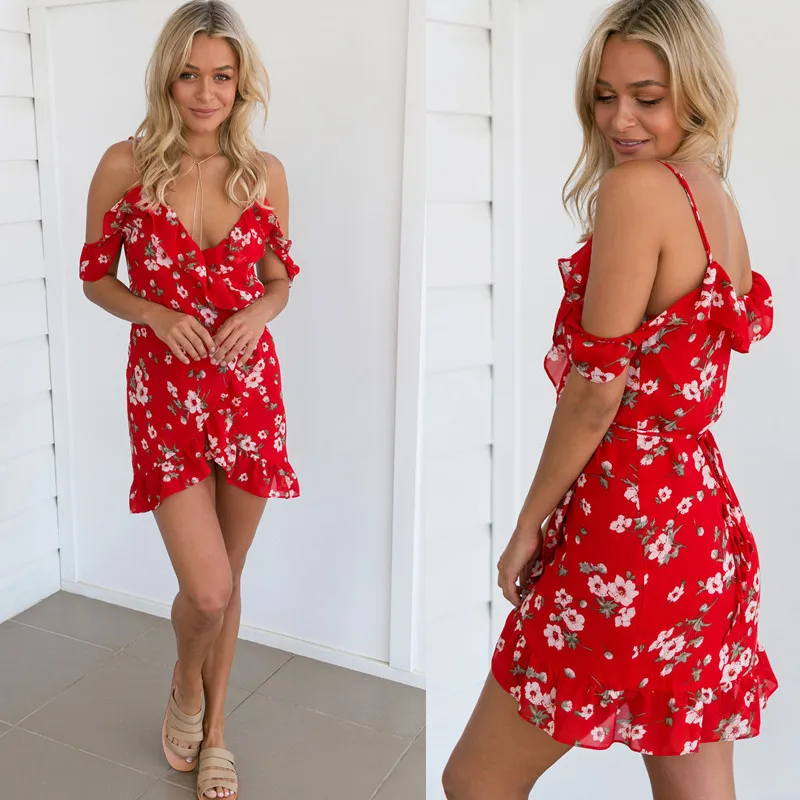 Off shoulder strap boho chic ruffles wrap dress Irregular backless deep