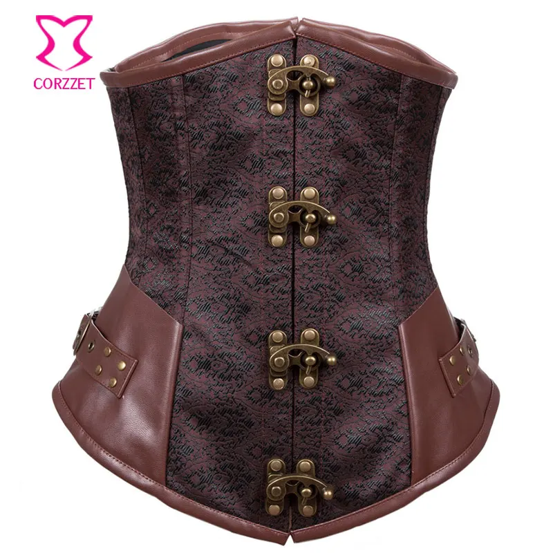 Vintage Brown Brocade Steampunk Underbust Corset Steel Bone Slimming Waist Trainer Corsets and Bustiers Sexy Gothic Clothing