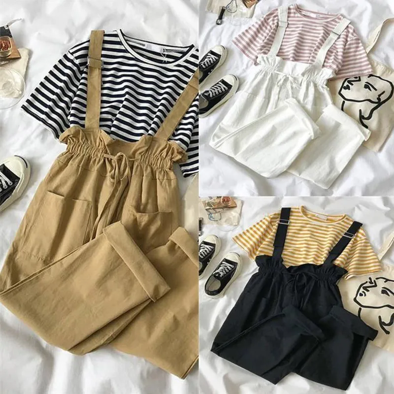 

Women's Casual Two Piece Set 2019 Summer Striped T Shirt and Overalls Set Women O-Neck Short Sleeve Tops Wide Leg Pants Two Suit