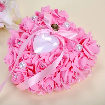 

Heart-shaped Ring Pillow Rose Flowers Rhinestone Pearls Ring Bearer Pillow Cushion Wedding Favors Decoration MDD88