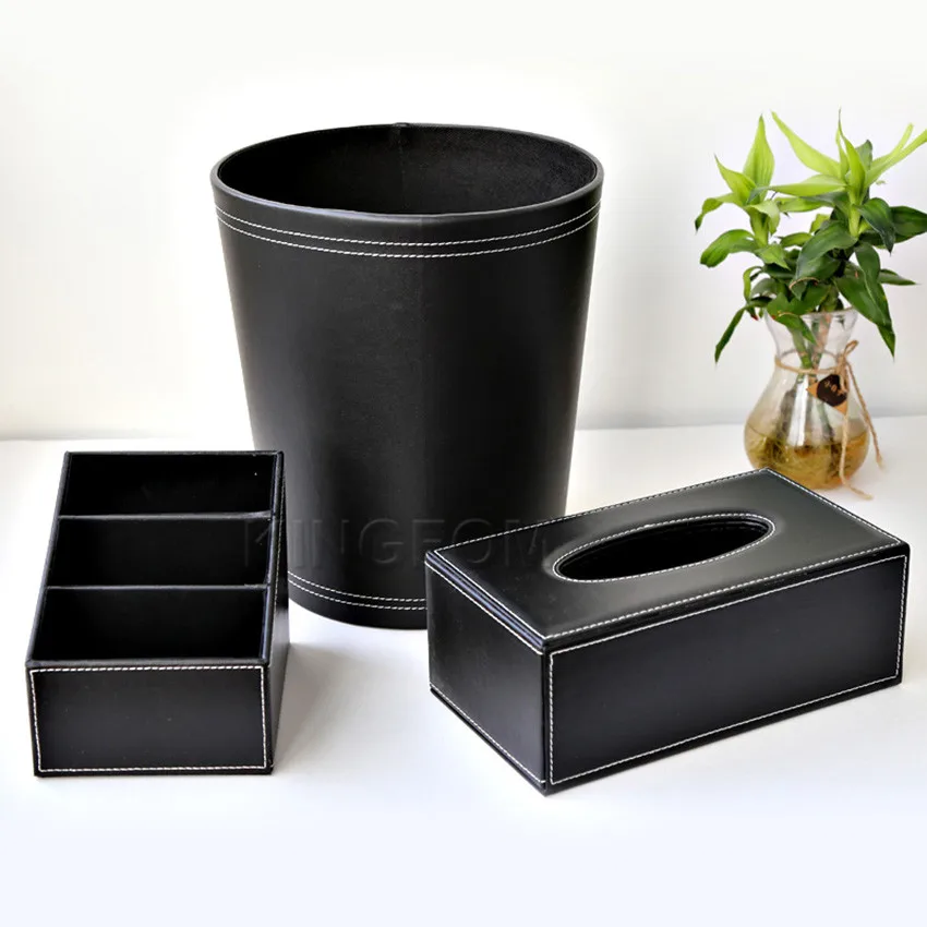 3 шт. из искусственной кожи Офисные принадлежности настольные наборы включает контроллер коробка для хранения салфеток коробка мусорные корзины T78