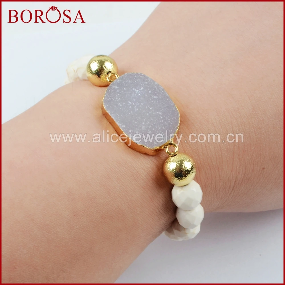BOROSA золотой цвет натуральный кристалл Druzy с граненым белым камнем Howlite браслет ручной работы для женщин G1398 S1398