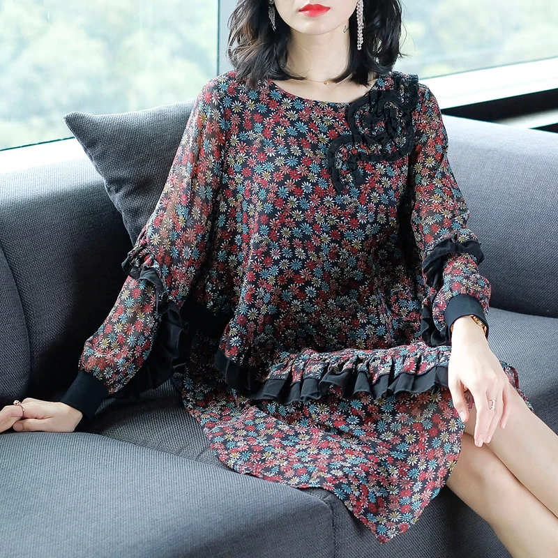 

Spring Fall Casual Vintage Women Loose Ruffles Irregular Floral Pattern Dress , Autumn Womens Printed 4xl Long Sleeve Dresses
