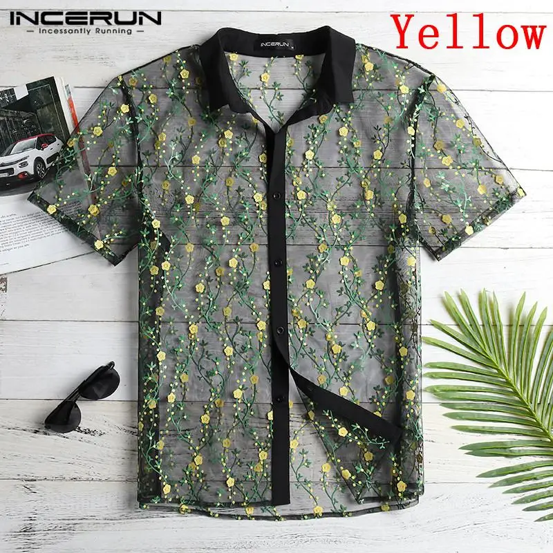 INCERUN, сексуальная сетчатая Мужская рубашка, прозрачная, с принтом, короткий рукав, облегающая, прозрачная, модные, Клубные, вечерние, мужские, кружевные рубашки, S-5XL - Цвет: Yellow Shirt