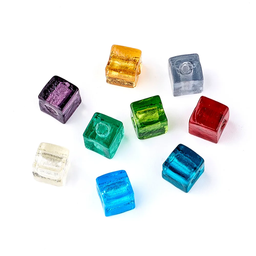 

Pandahall 200 pcs Glass Beads Square About 8X8X8mm Handmade Cube Silver Foil Mixed Multi Color hole 1.5mm For DIY Jewelry Making