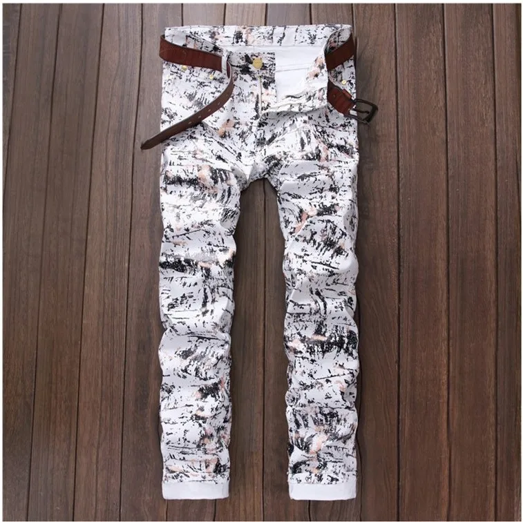2018 Men Jeans White Printed Fashion Male Unique Cotton Stretch Jeans Mens Casual Character Pattern pantalon hombre Biker Jeans