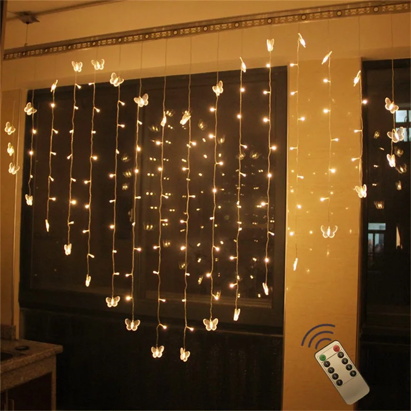 

Remote 2*1.5M Novelty Butterfly Love Shaped LED Icicle Curtain String Light Wedding Valentines Home Holiday Decor Fairy Light