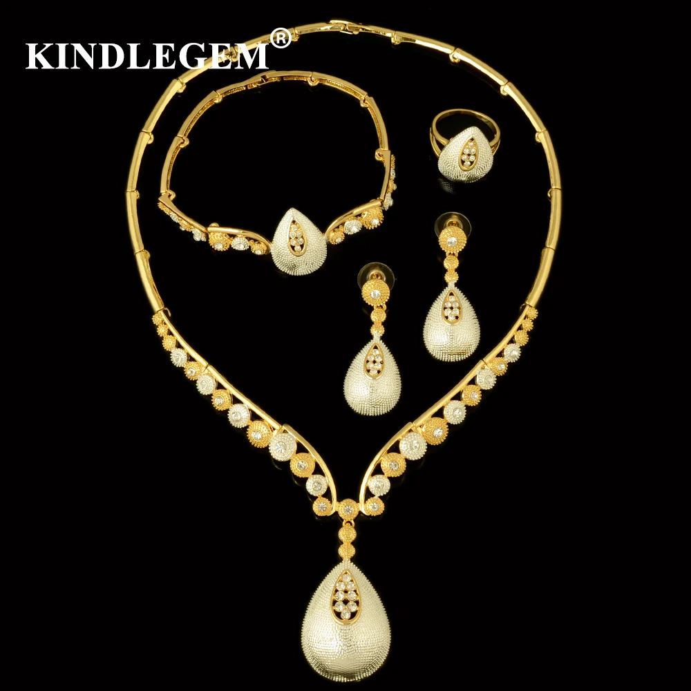 

Kindlegem High Fashion Fine Jewelry Sets Luxury Dubai Silver Gold For Women Gorgeous Necklace Bracelet Earring Ring Accessories