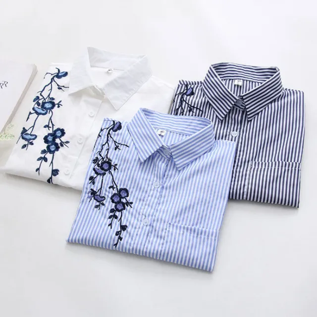 US $6.87 ih Floral Embroidery Striped Blouse Women Long Sleeve Shirt And Tops Casual Cotton Blusa Plus Size 