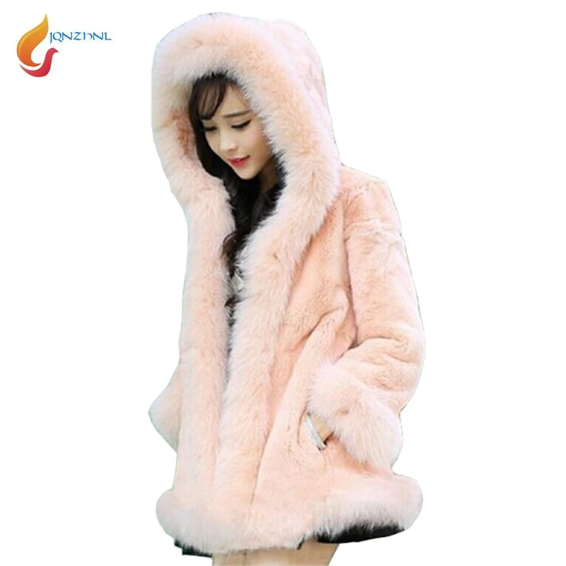 JQNZHNL Для женщин утепленные искусственная меховая шуба уличная одежда модные средней длины Кролик руно шубы зимой Обувь на теплом меху пальто L696