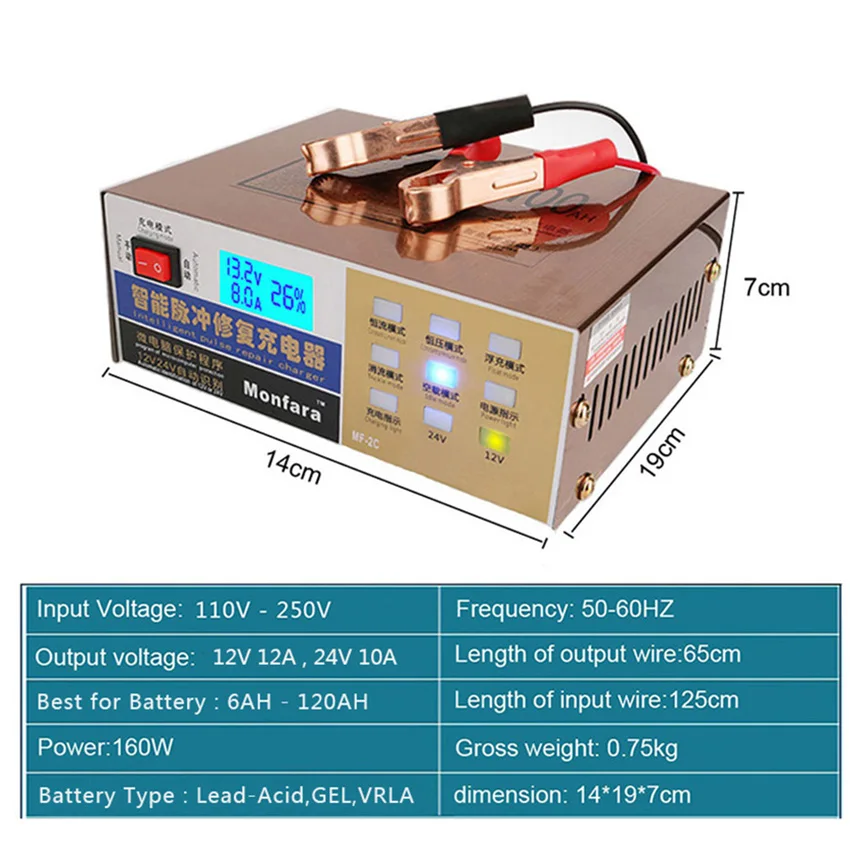 12V 12A 24V 10A полностью автоматическое автомобильное зарядное устройство для