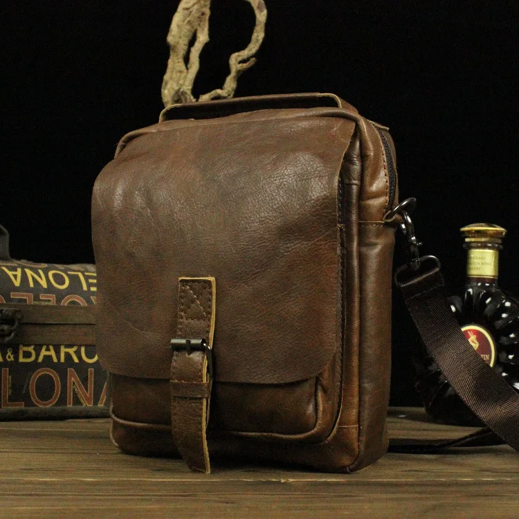 

NEWEEKEND LD Vintage Casual Genuine Leather Oil Wax Slight Zipper Handbag Crossbody Shoulder Messenger Bag for Man