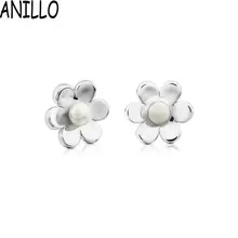 ANILLO/женские серьги-гвоздики с искусственными жемчужинами, с растительными цветами и счастливыми моментами, из нержавеющей стали, золотого цвета, милые детские ювелирные изделия для девочек