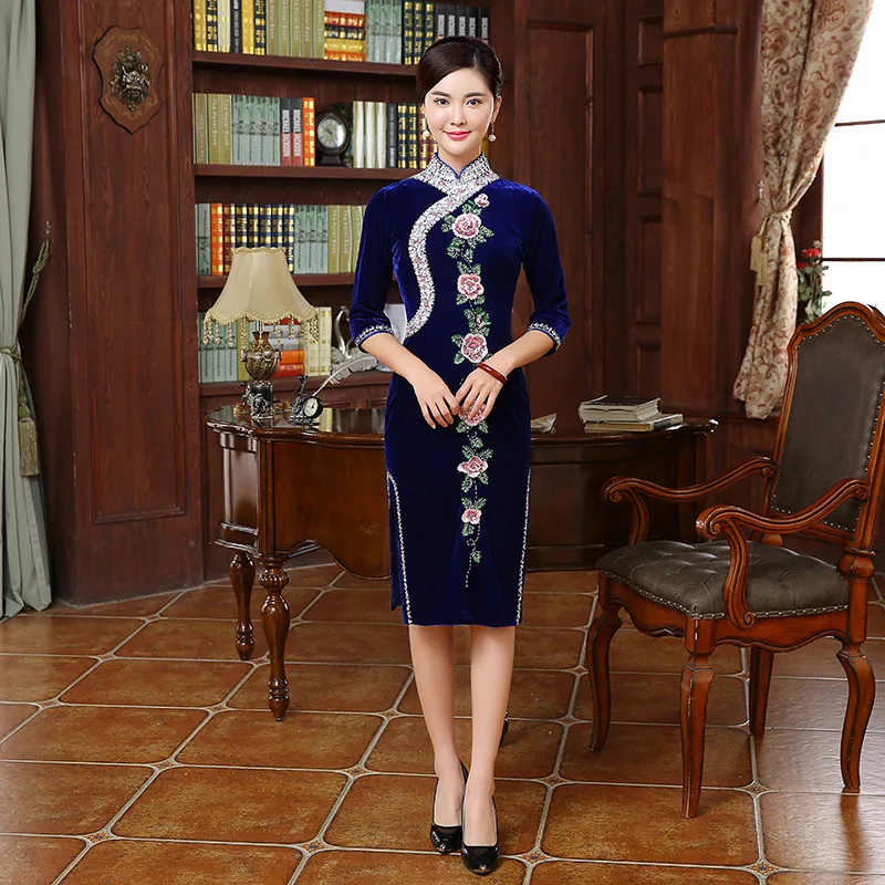 Роскошное ручное вышитое бисером бархатное платье для мамы Cheongsam голубое китайское традиционное длинное Qipao женское Qi Pao восточное платье