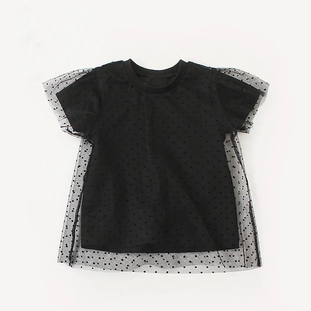 Welaken/модные футболки для маленьких девочек в стиле пэчворк; сетчатая футболка в горошек; Новинка года; футболка с короткими рукавами; повседневная одежда для маленьких девочек - Цвет: Черный