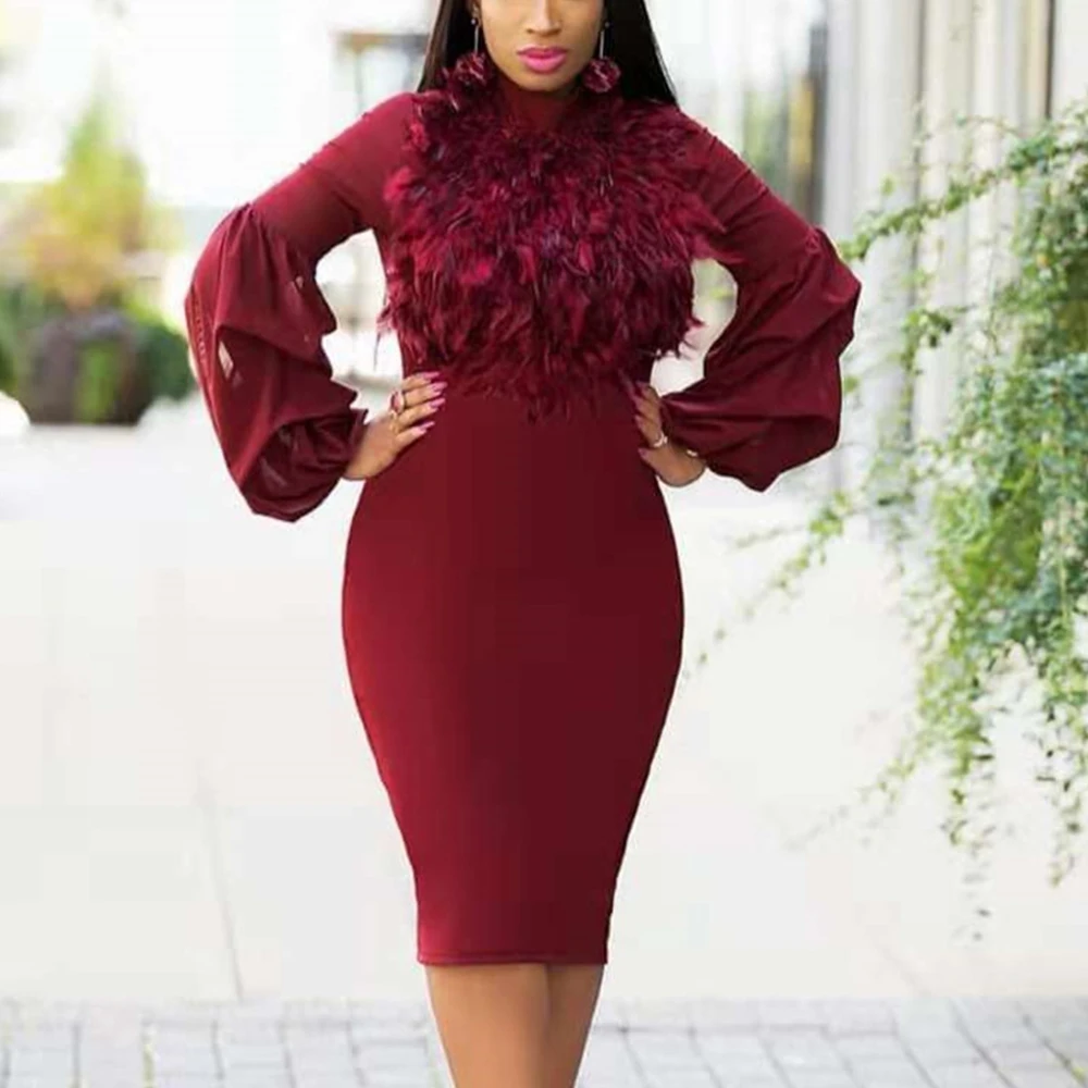 Woman Plus Size Midi Bodycon Dress Elegant Patchwork Feathers Wrap