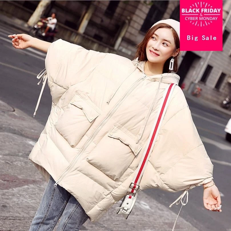 Loose big pockets thick Bat Sleeved women down coats high quality 90% White duck down hooded sweet female down jackets gx1248