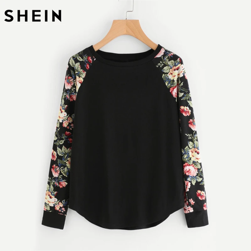 SHEIN Floral Raglan Sleeve Curved Hem Womens Tee Shirts Autumn Womens T shirts Casual Ladies Black Long Sleeve T shirt SHEIN Floral Raglan Sleeve Curved Hem Womens Tee Shirts Autumn Womens T shirts Casual Ladies Black Long Sleeve T shirt