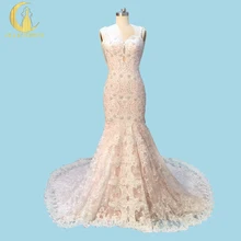 Rhine Real Sample Image Sexy Spaghetti Straps Lace Beads Pearls Mermaid Chapel Train Luxurious Bridal Wedding Gown