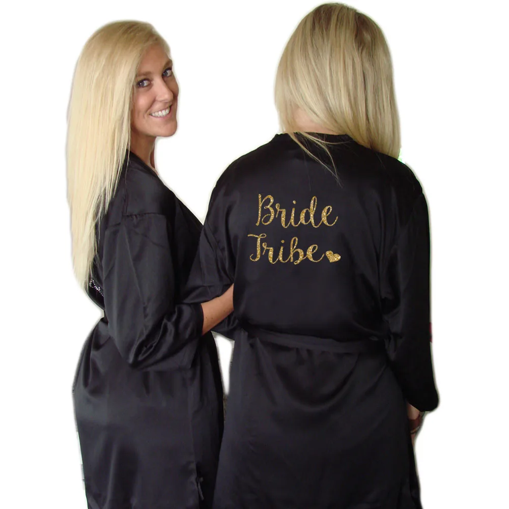 

Women Kimono Robes Faux Silk Bride Bride Tribe Heart Golden Glitter Print Robes Bachelorette Wedding Preparewear Free Shipping
