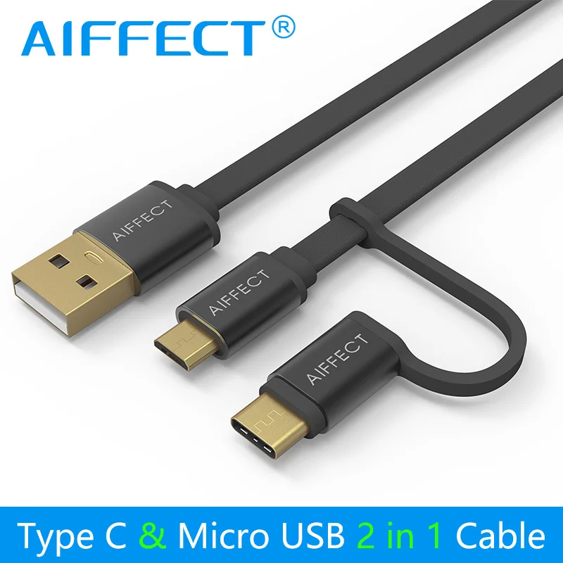 AIFFECT 2 интерфейса в 1 Micro B и type C к USB Дата-кабель для зарядки кабель мини-usb C кабель для устройств Micro usb type-C - Цвет: Черный
