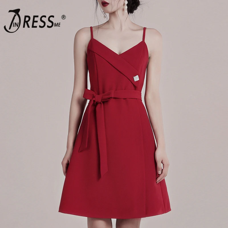 

INDRESSME 2019 Women's Bandage Dress Solid Red Spaghetti Strap Deep V Backless Fashion Bodycon A Line With Belt Vestidos Party