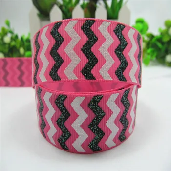 

7/8" (22mm) Black and White Chevron Glitter Hot Pink Grosgrain Printed Ribbon