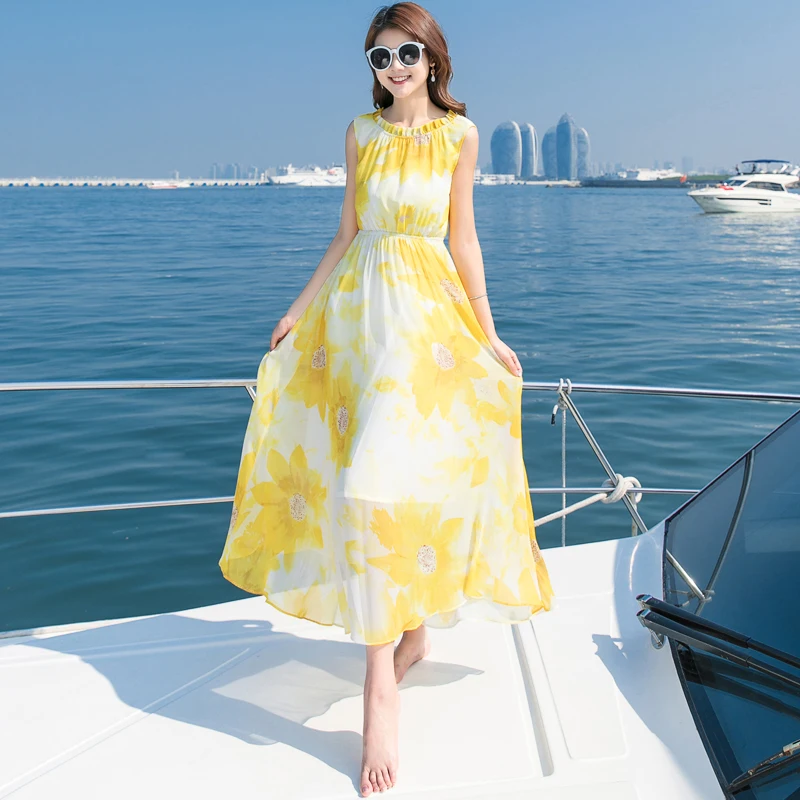 

Summer New 2019 Women Fashion Sleeveless Long Chiffon Dress Floral Print Holiday Vocation Beach Dresses Bohemian Dress Yellow