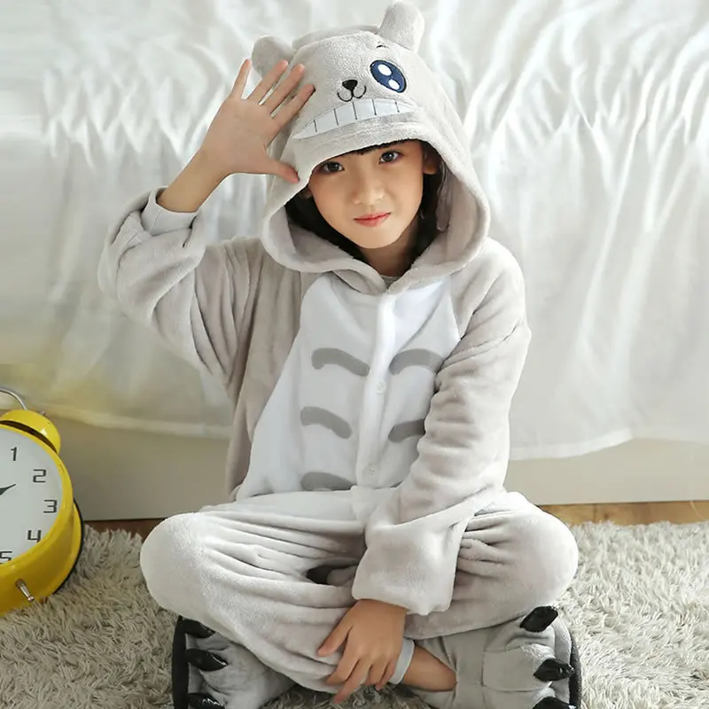Totoro Children s Autumn Winter Hooded Flannel Pajamas Cartoon Animal Onesies Sleepwear Kids Clothing Cosplay
