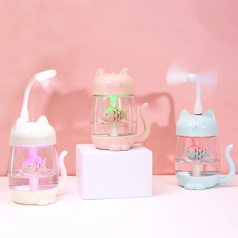 

Cute Cat LED Air Humidifier Home Living Room 3 In 1 Humidifier Air Fan Diffuser Purifier Atomizer USB Charging LED Humidifier