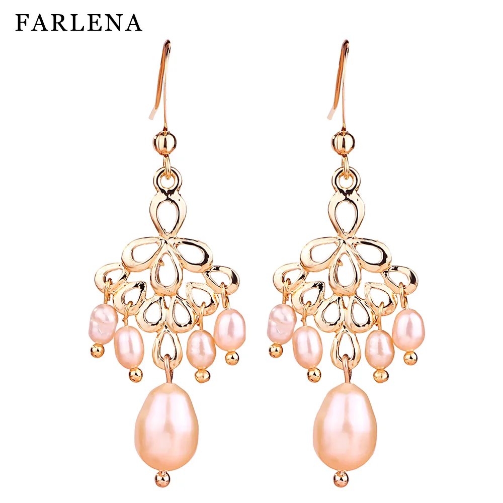 

FARLENA Original Design Natural Freshwater Baroque Pearl Earrings for Women Fashion Lotus leaf Drop Earrings long