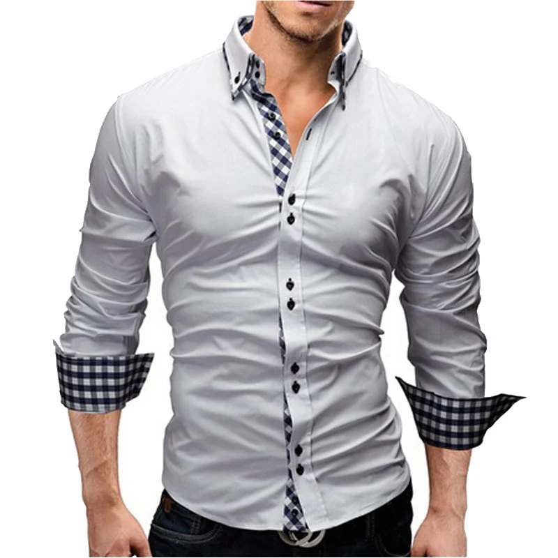 F-SFRWA Для мужчин рубашка Элитный бренд Мужская рубашка с длинными рукавами Классическая клетчатая рубашка Slim Fit Платье черного цвета рубашки Для мужчин s XXL