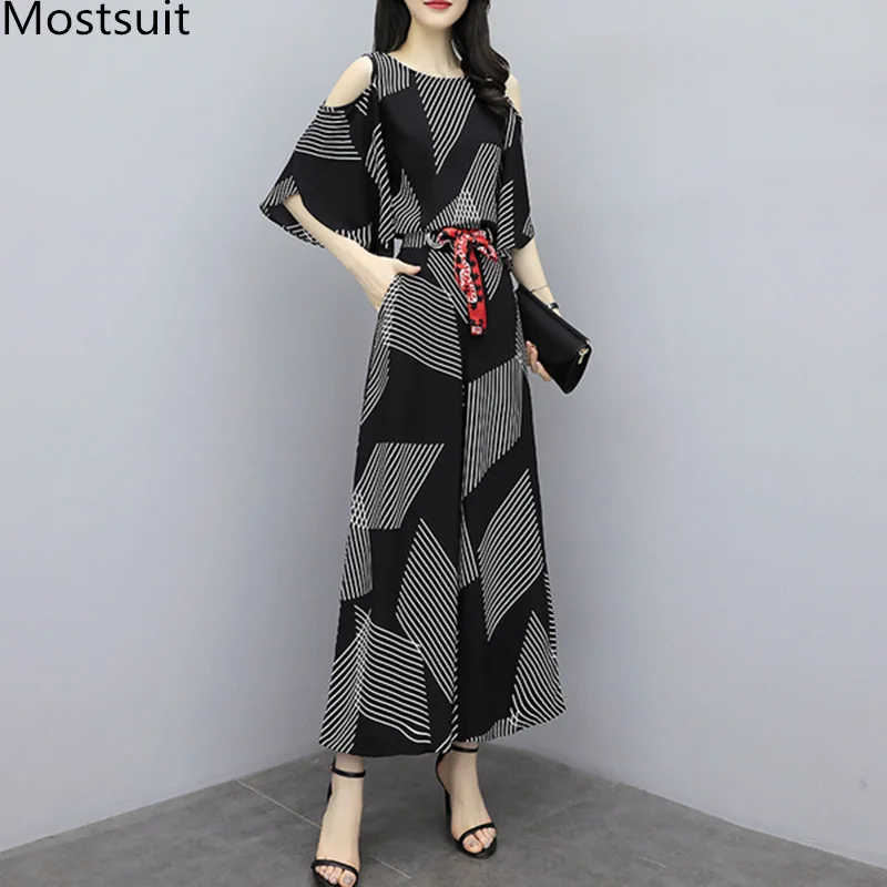 

2019 Summer Black Printed Two Piece Sets Outfits Women Plus Size Shoulder Open Tops And Wide Leg Pants Suits Elegant Womens Sets