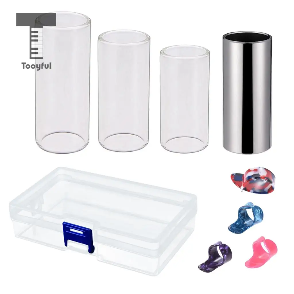 Tooyful 3Pcs Glass Slide +1 Pc Stainless Steel Slide + 4 Pcs Guitar Finger Picks +1 Pc Box for Guitar