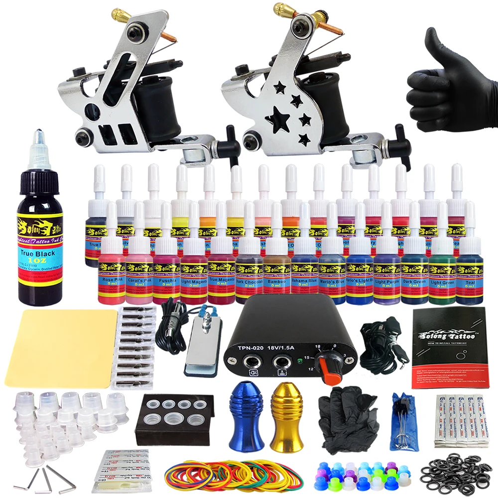 

Complete TATTOO KIT 2 Coil Machines Tattoo Set 28Ink Power Supply Grips TK204-22