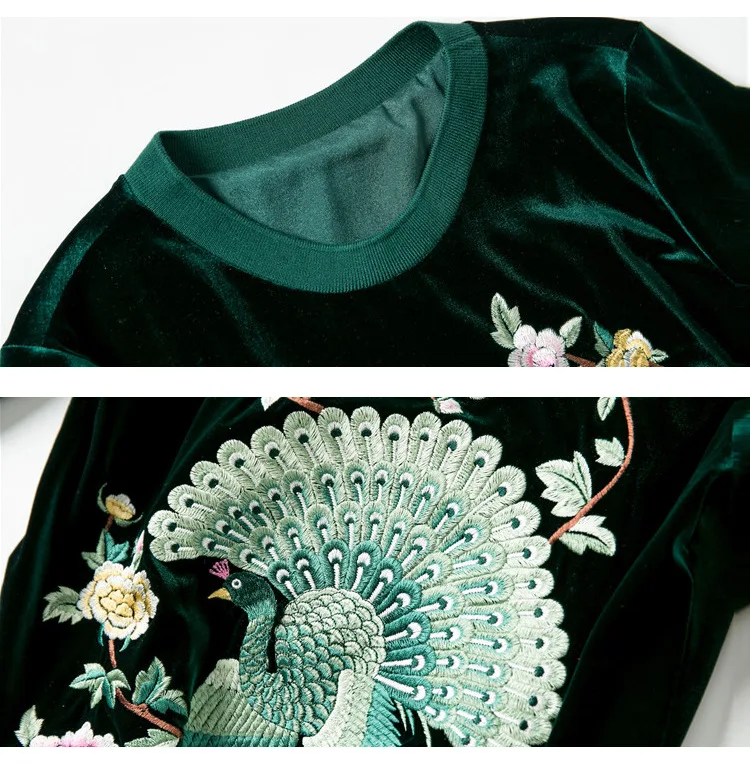 Бесплатная доставка Новое поступление Модная весна/осень большой размер китайский стиль павлин вышитые бархатная куртка + брюки костюм