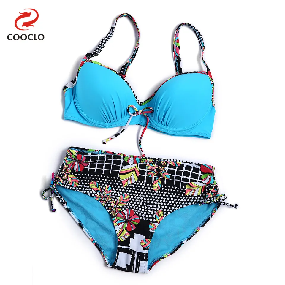 Günstige COOCLO 2019 Neue Ankunft Frauen Push up Plus Size Bademode Badeanzug Bügel Gepolsterte Bikini Set Badeanzug Vintage Strand Tragen