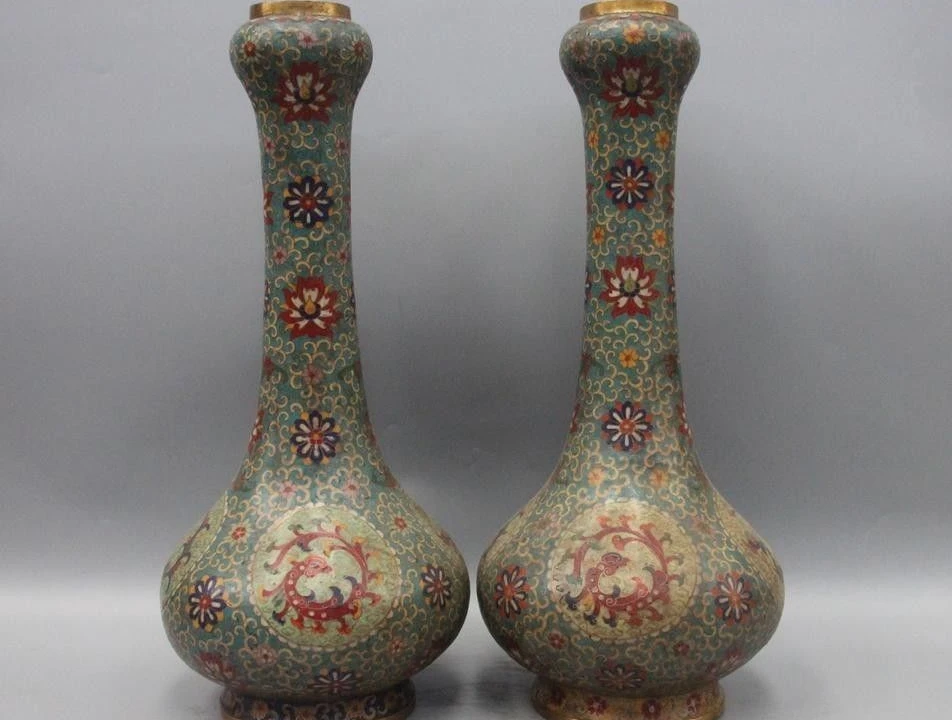 

22" Chinese Royal Bronze Copper Cloisonne Enamel Dragon Beast Flower Vase Pot