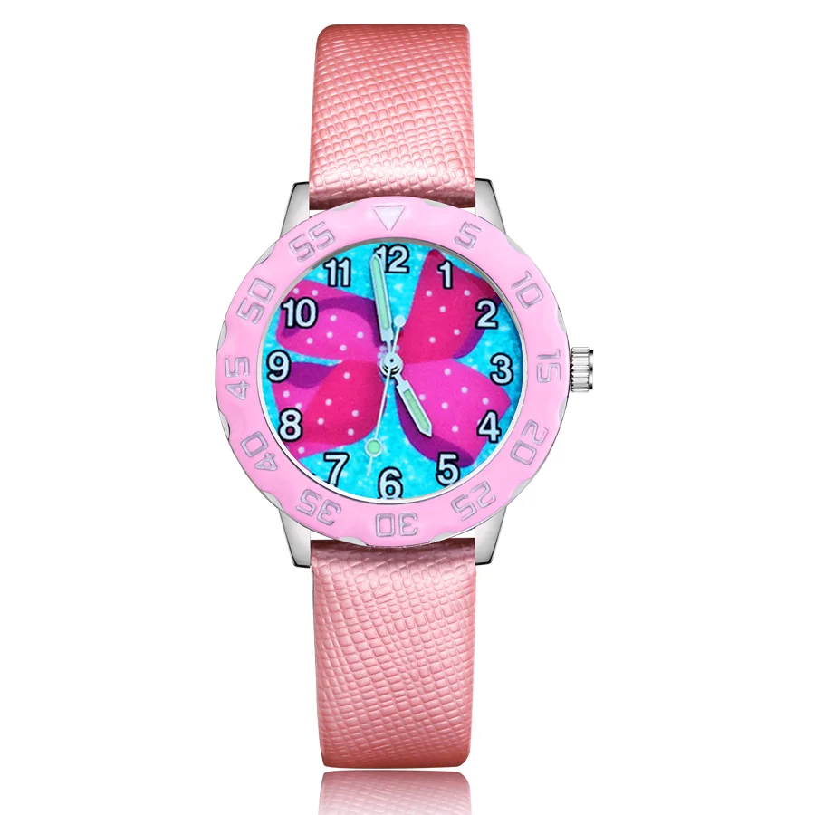 Pink Модные детские часы с милым бантом из мультфильма; кварцевые кожаные Наручные часы для мальчиков и девочек; Clcok JM103 - Цвет: Pink