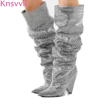 

Silver Crystal Bling Bling Knee high Boots Woman Pointy Toe Full Rhinestones shinny Wedding Shoes Sequined Thigh High Boots