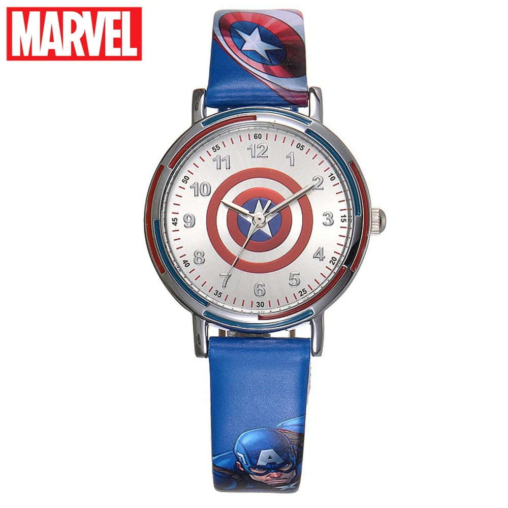 

Marvel Avengers Captain America Iron Men Hulk Children Hero Watches Blue Red Green PU Band Students Quartz Watch Disney 81054